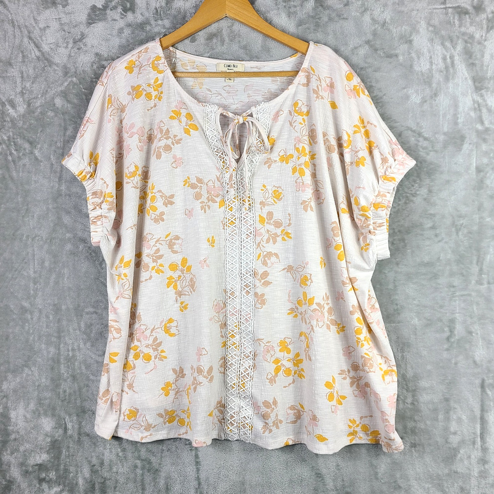 Como Blu Floral Short Sleeve Top White Yellow Crochet Trim Boho Fairy Size 3X